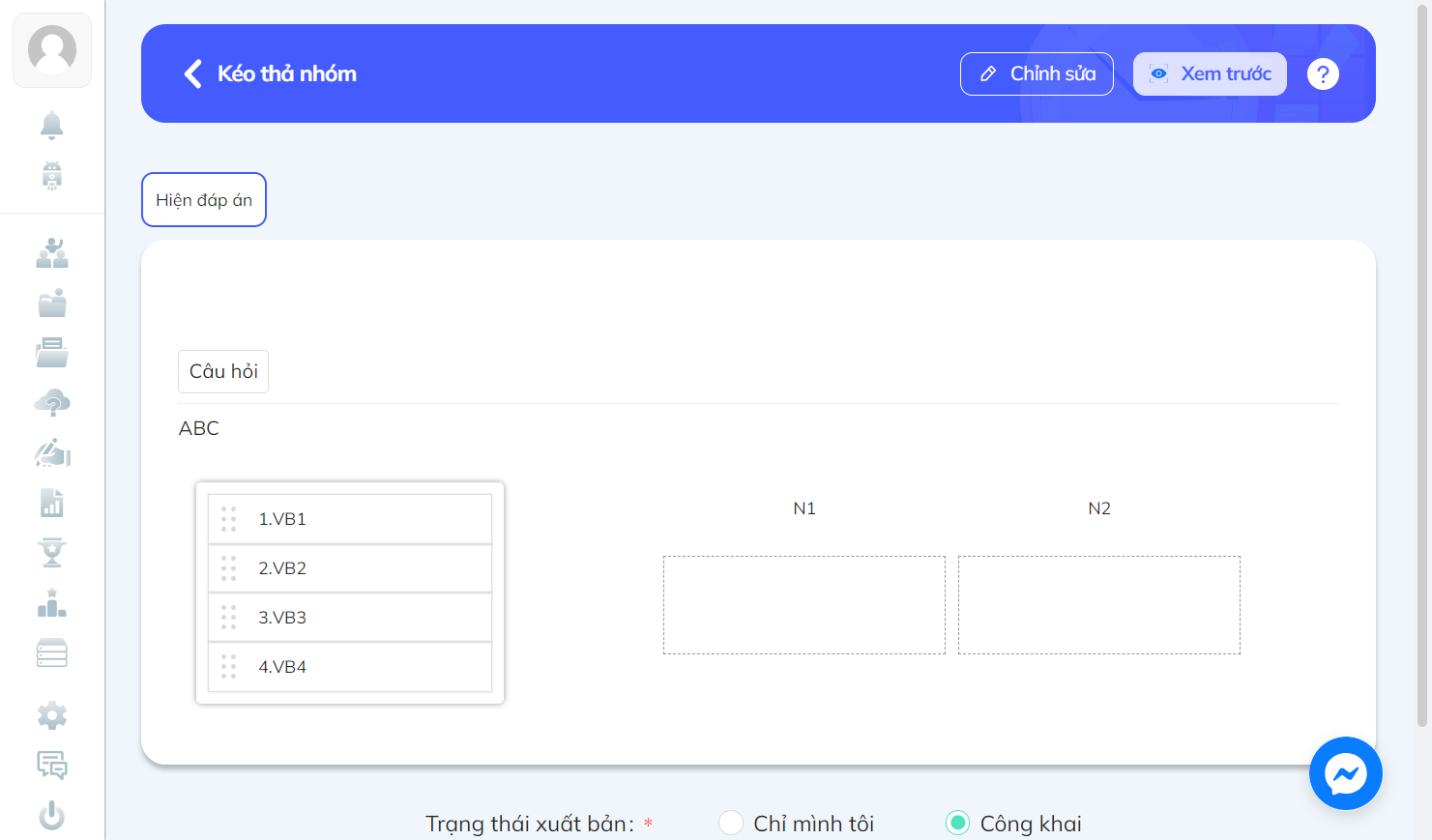 Bảng hiển thị câu hỏi
