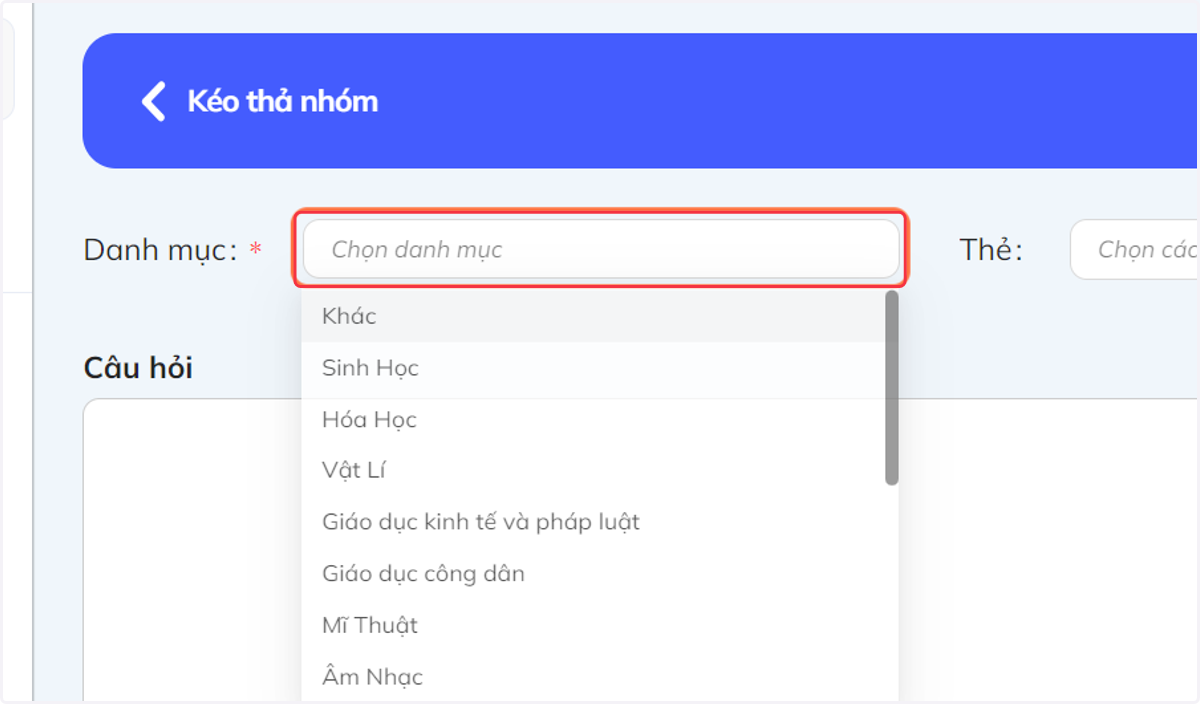 Nhấn vào "Danh mục". Sau đó chọn tên môn học tương ứng