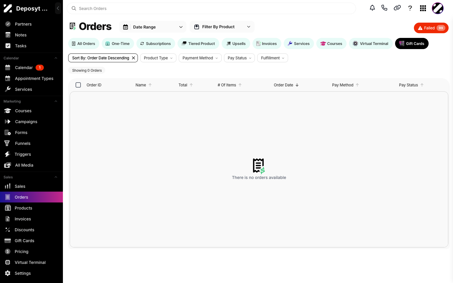Step 3: By default, the All Orders tab is displayed. Click the Gift Cards button to view Gift Cards. Here, you can see Order ID, Customer Name, Total Amount, Number of Items, Order Date, Payment Method, and Pay Status.