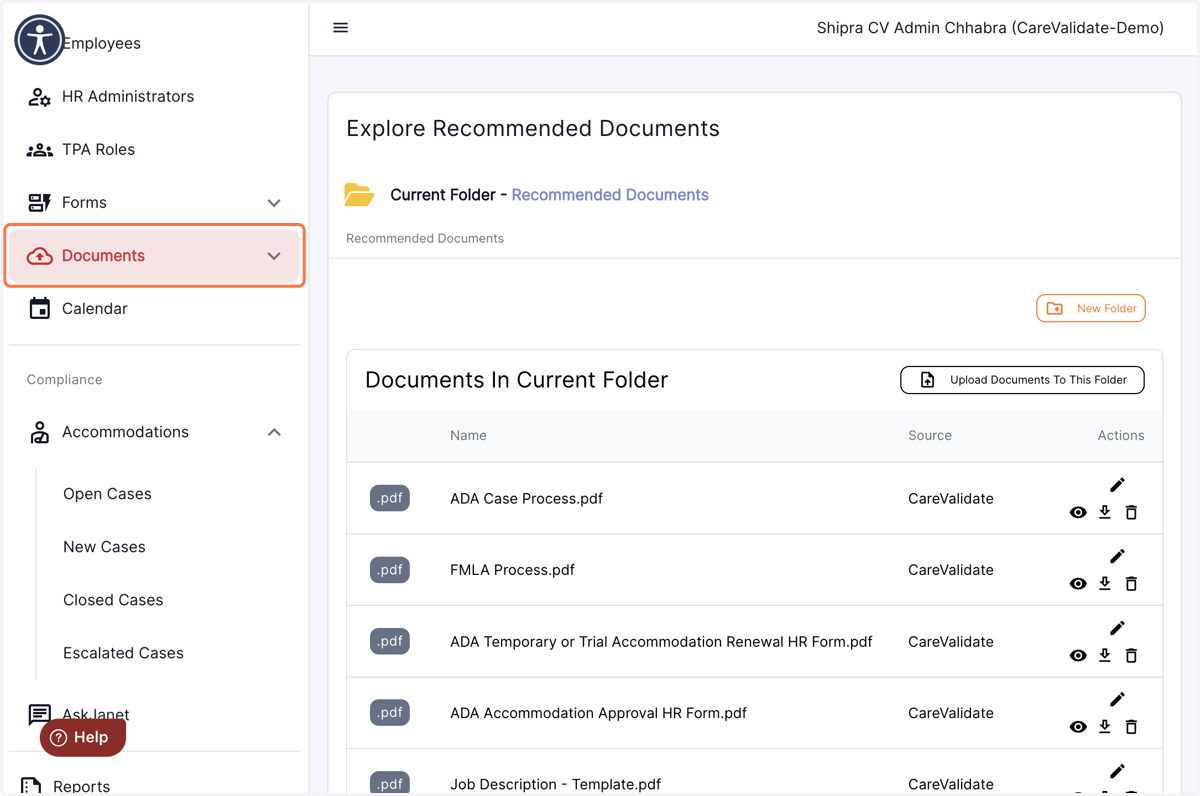 Click on the "Documents" menu in the left panel of the dashboard.