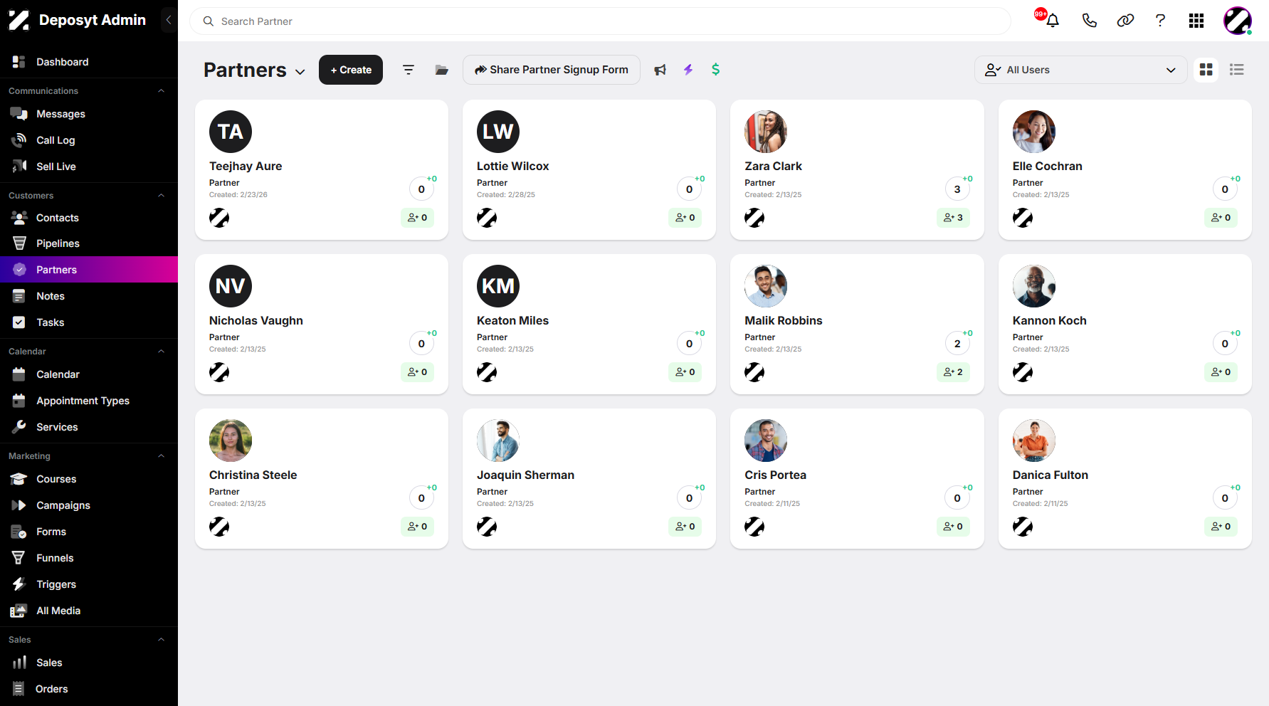 Step 3: You will then be navigated to the Partners tab. Partners generally refers to business partners or organizations that collaborate with your company to help drive sales, generate leads, or deliver services.