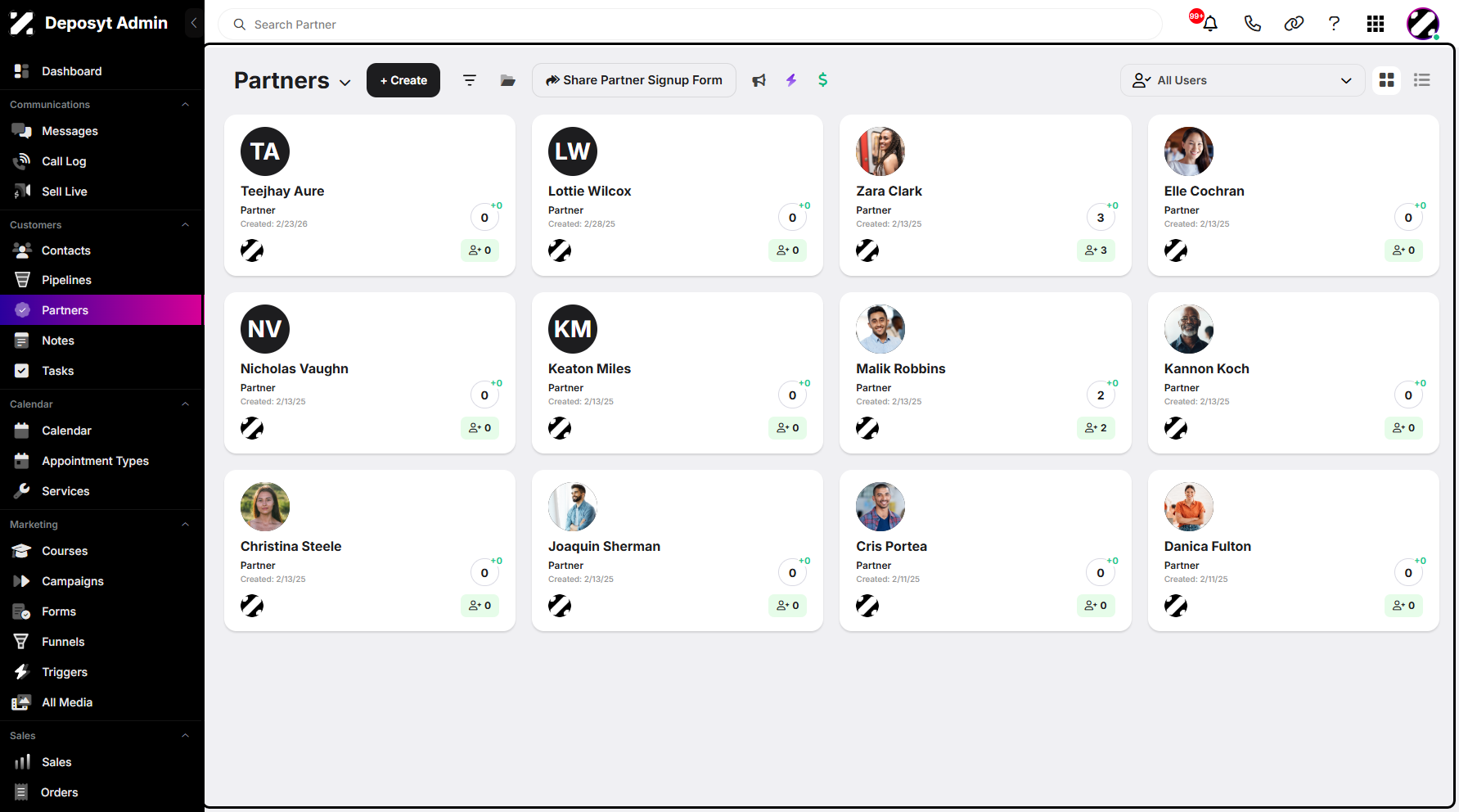 Step 3: You will then be navigated to the Partners tab. Partners generally refers to business partners or organizations that collaborate with your company to help drive sales, generate leads, or deliver services.