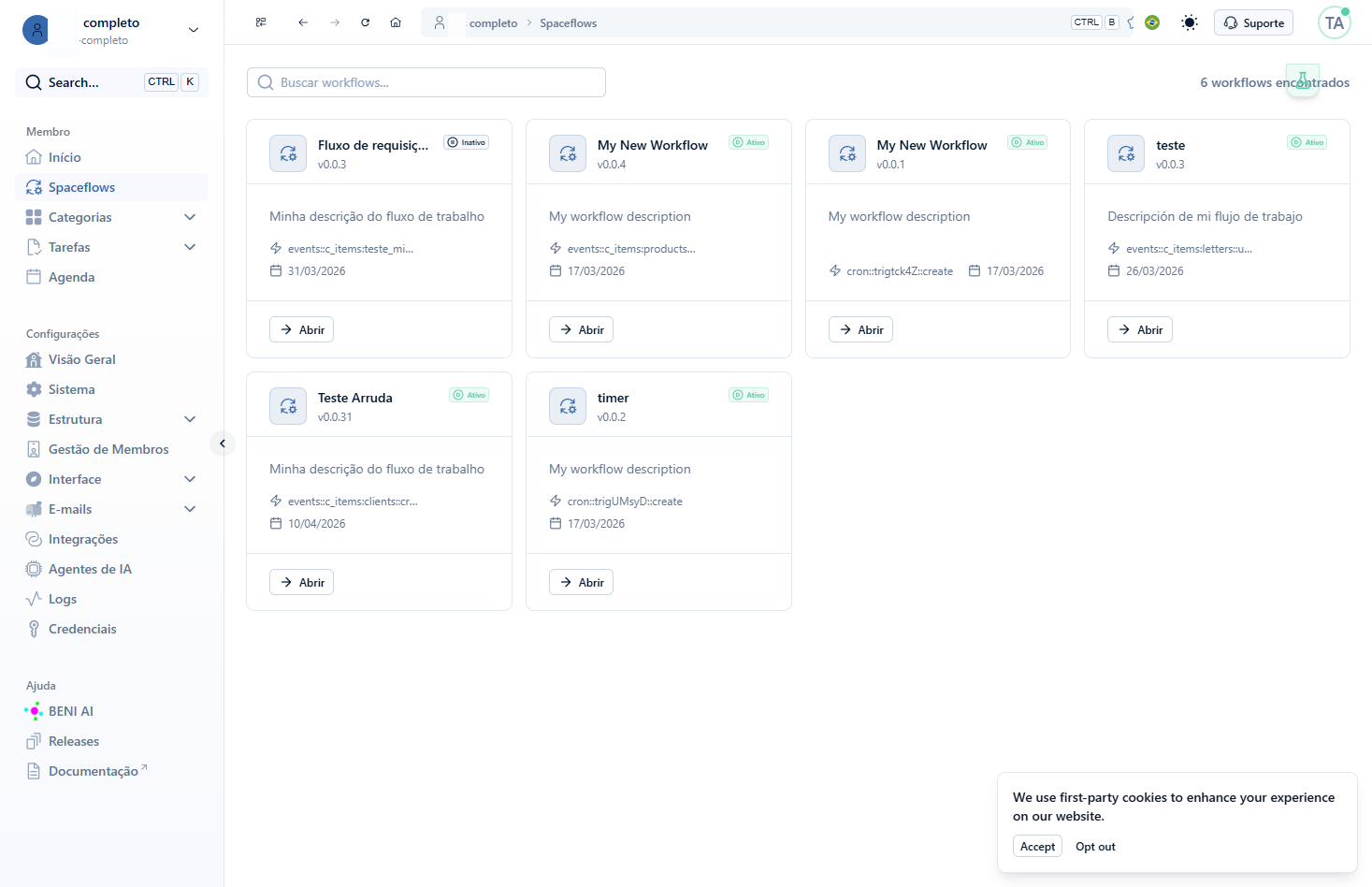 Na tela que se abrirá, você verá um resumo de todos os Spaceflows configurados no Workspace