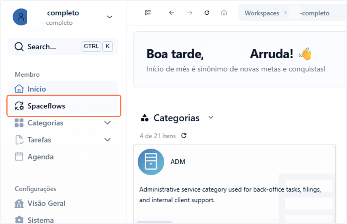 No menu lateral esquerdo do seu Workspace, clique em Spaceflows