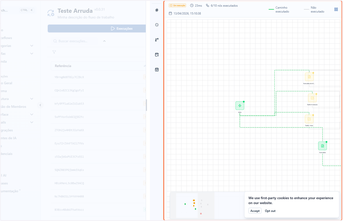 Na aba Fluxo de Execução, você verá um canvas interativo com detalhes da execução do seu Spaceflow