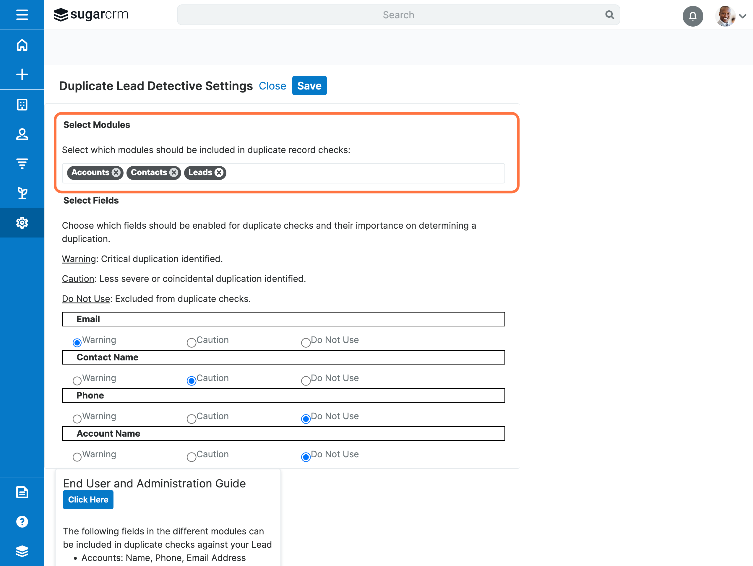 Select Modules gives you control over which modules in Sugar the Dashlet should be checking for potential duplicate records.