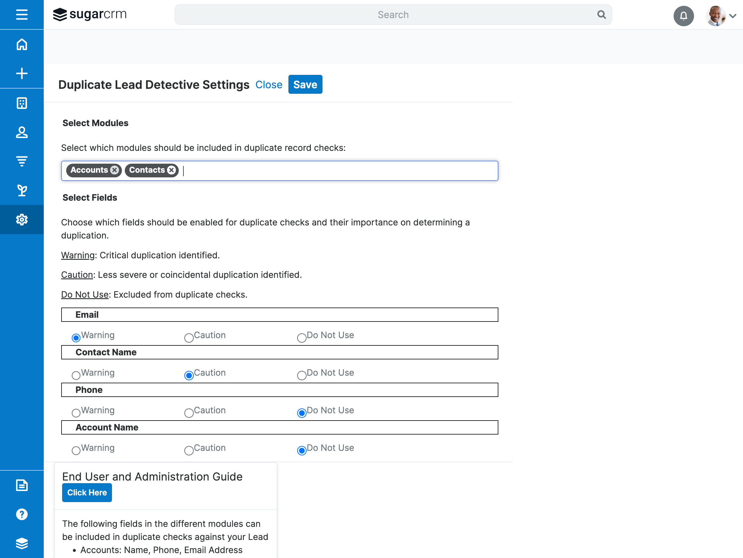 The Select Fields section allows you to control which fields in Sugar will be used to check for duplicate records. Here you can select the Email, Contact Name, the Phone Numbers or the Account Name