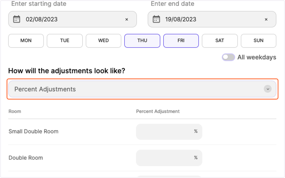 Choose the adjustment type by clicking on the drop-down "Percent Adjustments"