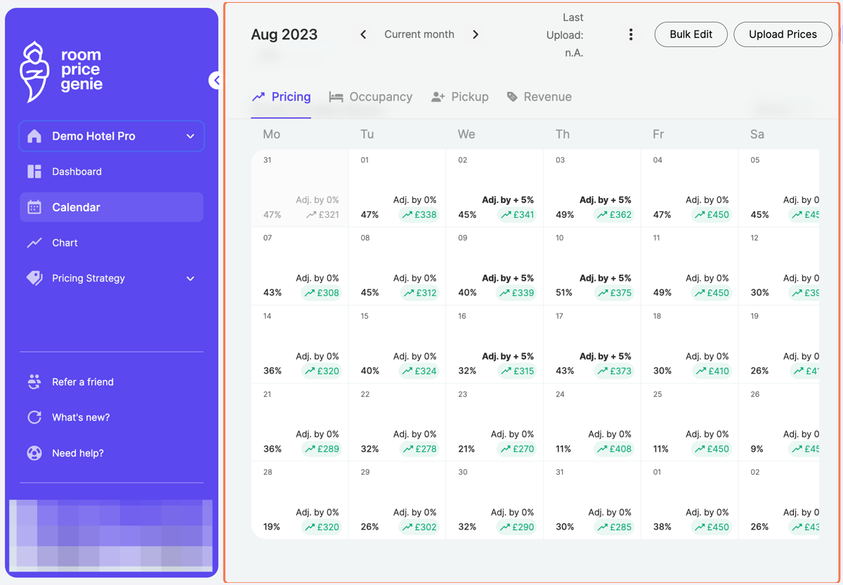See your price changes reflected in the calendar. The bold numbers show you the days on which you have made a manual adjustment.