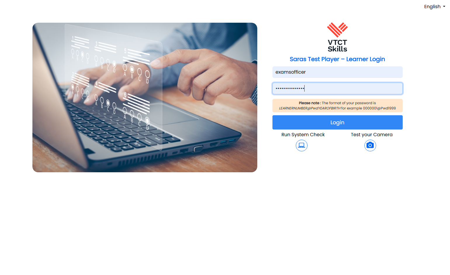 Upon establishing an internet connection, navigate to the Saras Test Player and instead of logging in as a learner, log in to this area with your Saras log in details.
