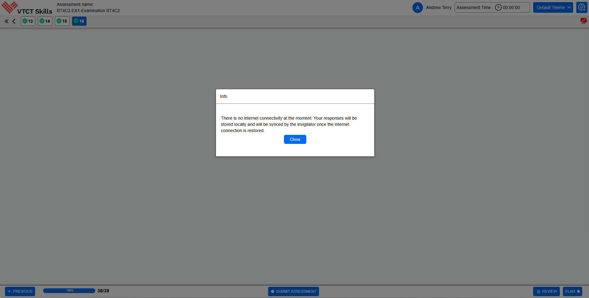 If a learner submits their exam whilst they do not have an internet connection, the below message will appear. The learner can click on Close and an Exams Officer can submit the exam once an internet connection has been established by following the s