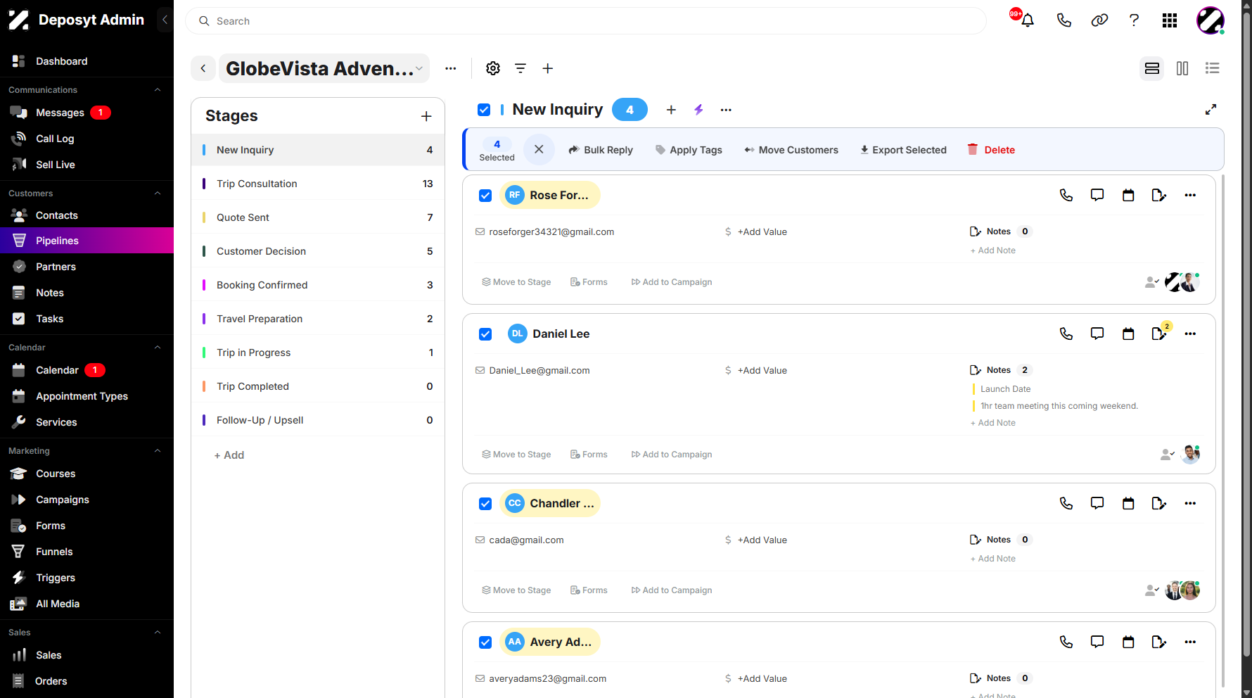 Step 4: To enable bulk actions, select multiple contacts using the checkboxes next to their names, or use the Select All checkbox to select all contacts.