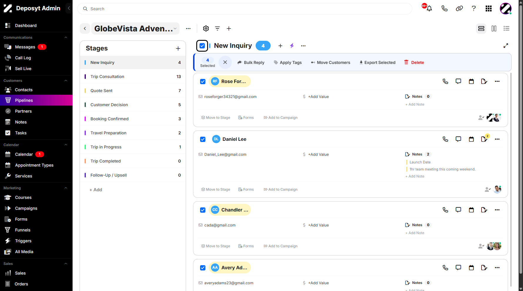 Step 4: To enable bulk actions, select multiple contacts using the checkboxes next to their names, or use the Select All checkbox to select all contacts.