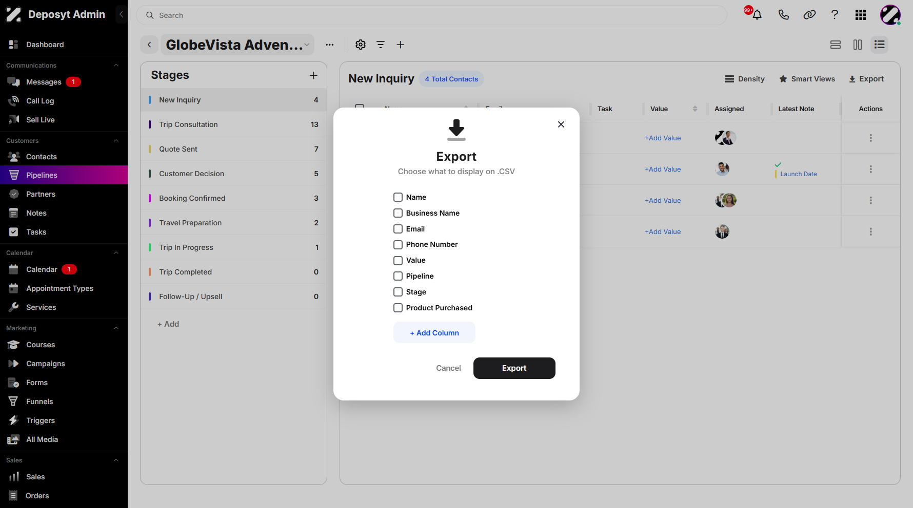 Step 10: A new pop-up window will appear, prompting you to select the fields you want to include in the CSV file. Once you’re finished, click Export to download your selected contacts.
