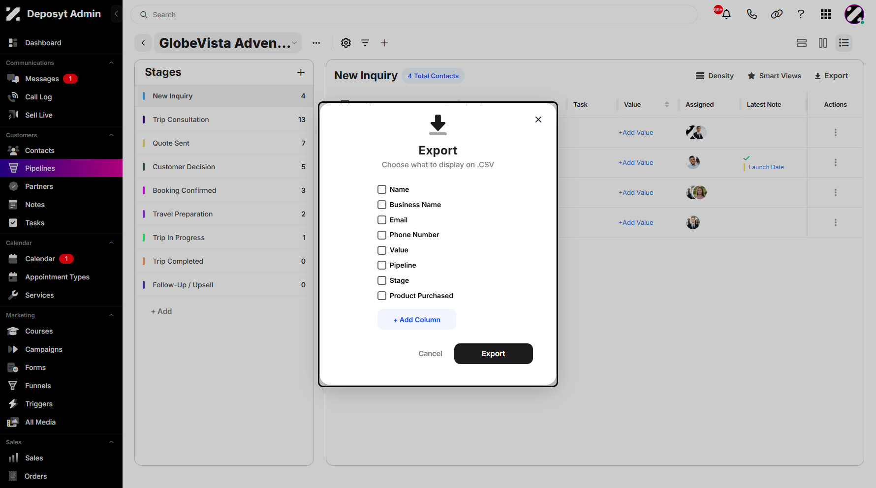 Step 10: A new pop-up window will appear, prompting you to select the fields you want to include in the CSV file. Once you’re finished, click Export to download your selected contacts.