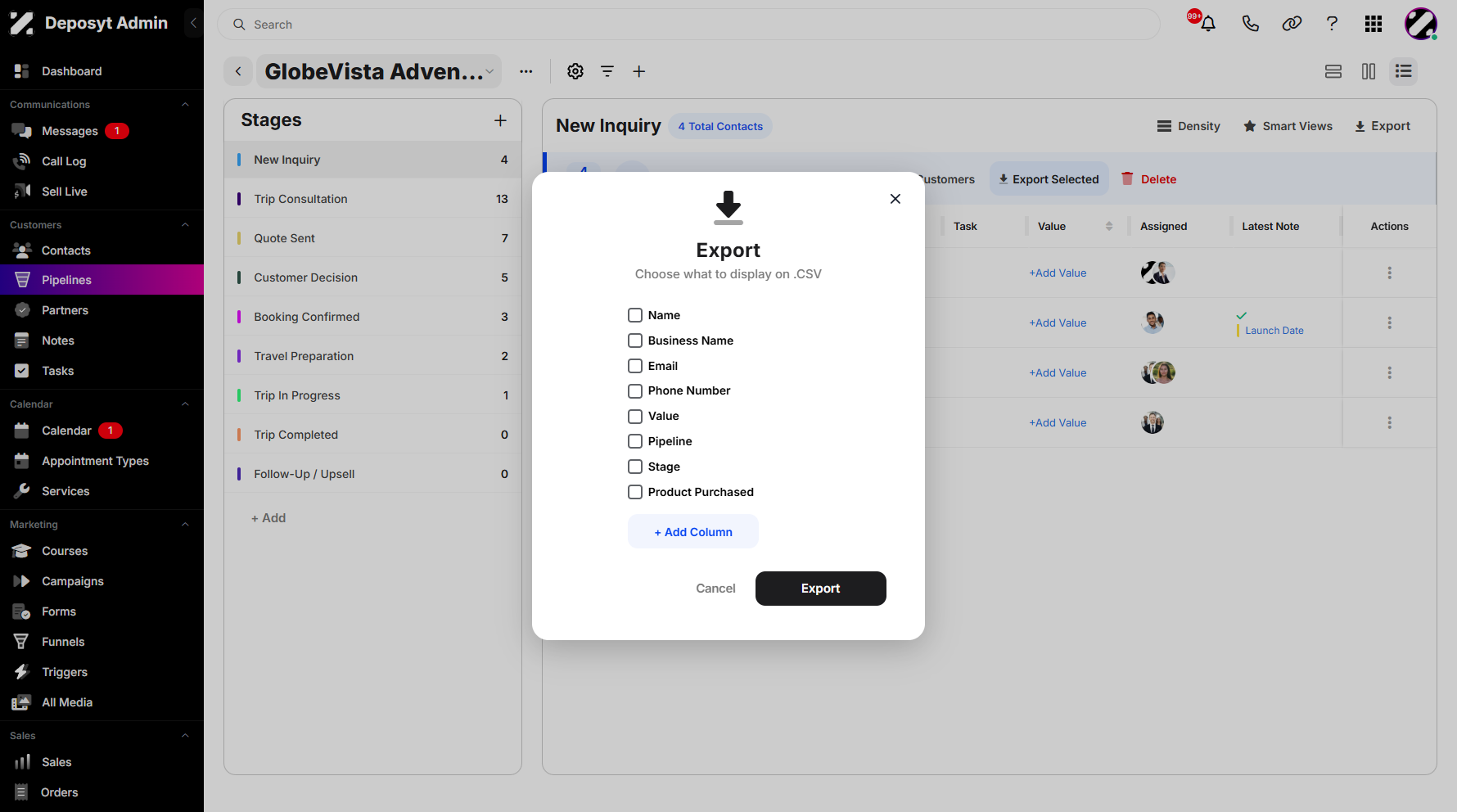 Step 10: A pop-up window will appear, prompting you to select the fields you want to include in the CSV file. Once you’re finished, click Export to download your selected contacts.
