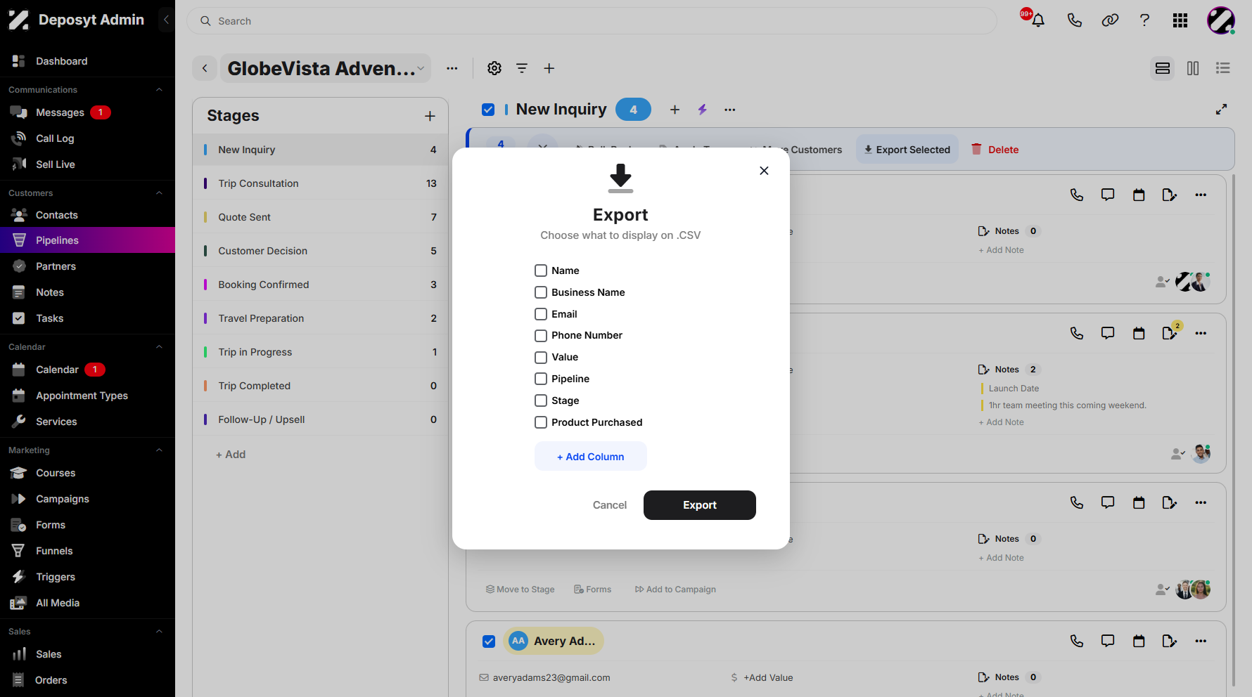 Step 6: A pop-up window will appear, prompting you to select the fields you want to include in the CSV file. Once you’re finished, click Export to download your selected contacts.