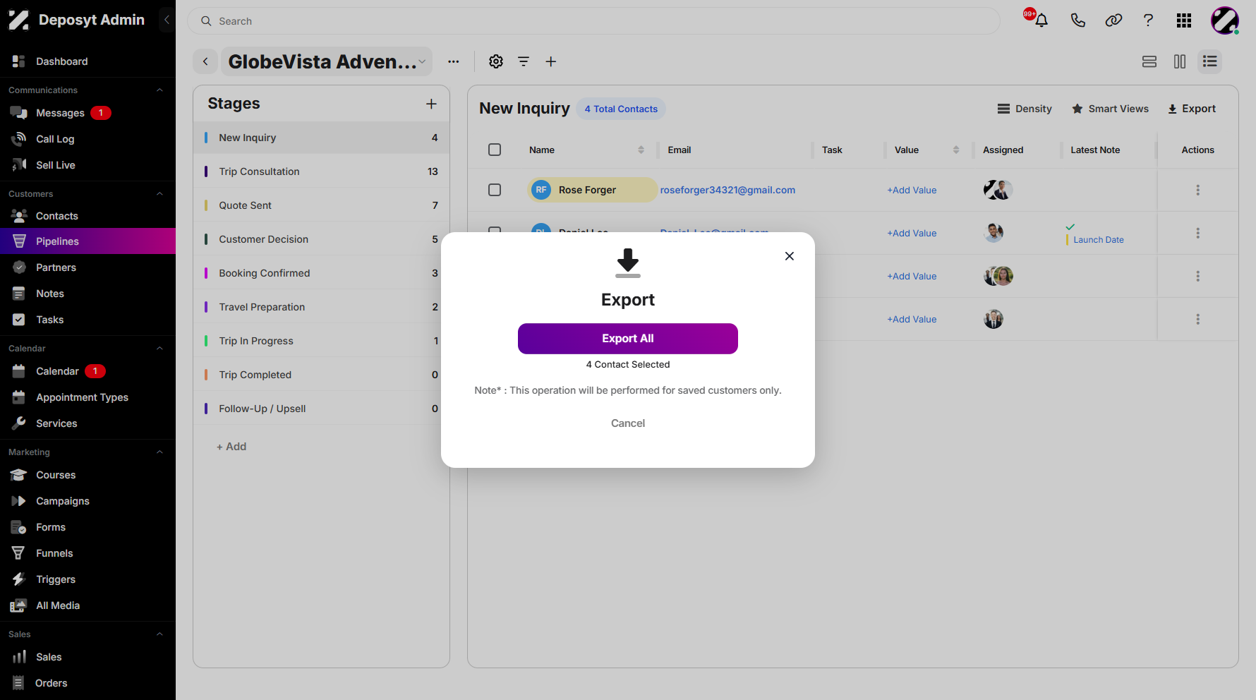 Step 9: A pop-up window will appear, showing the total number of selected contacts. Click Export All to proceed to the next step.