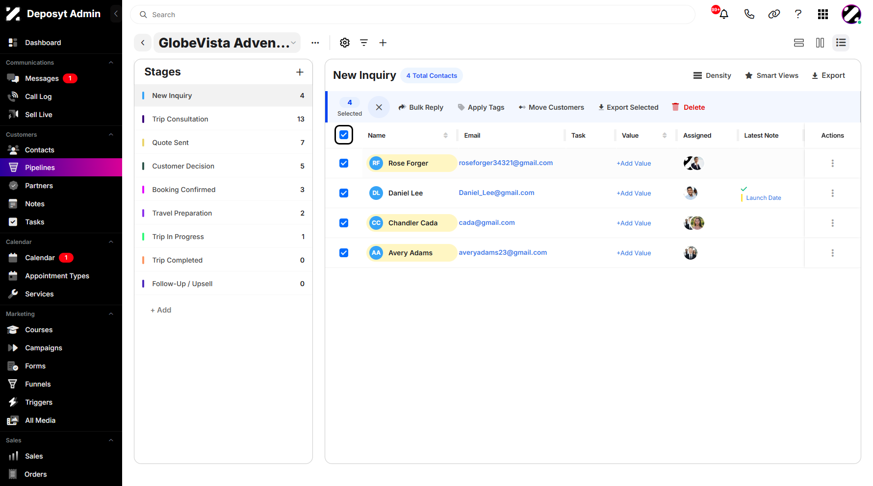 Step 11: Lastly, just like in the Horizontal View, you can also export contacts using bulk actions. Select your contacts to enable the bulk actions.