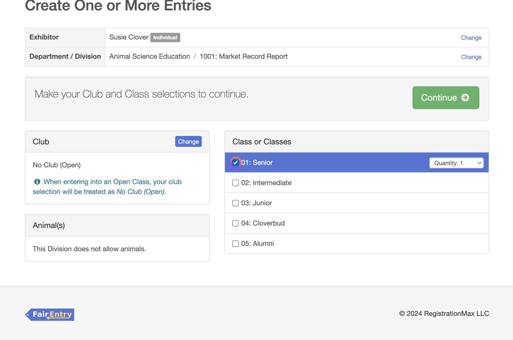 Create the entry by selecting the appropriate class and then click continue