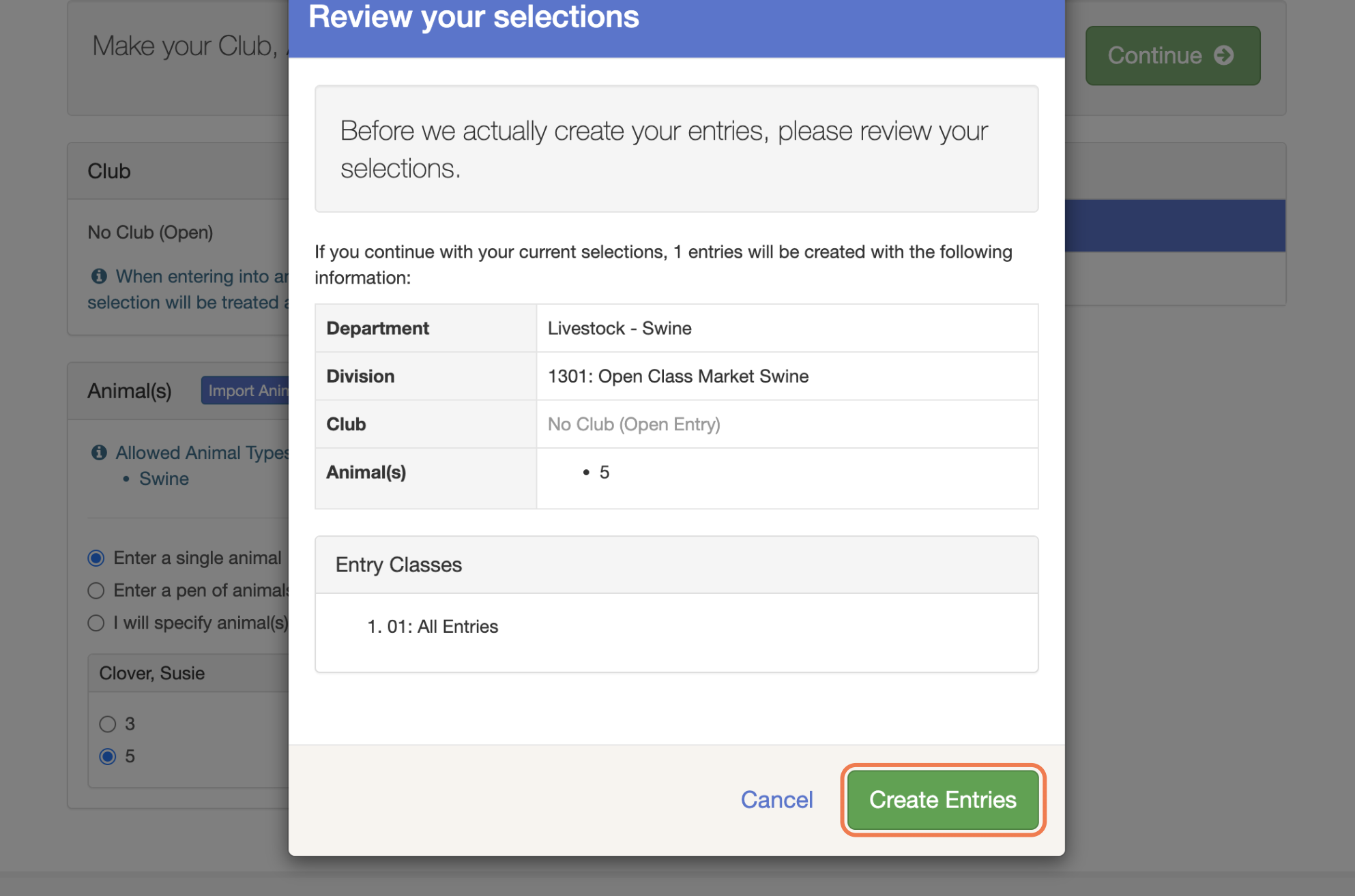 Review your selection and then click "Create Entries"