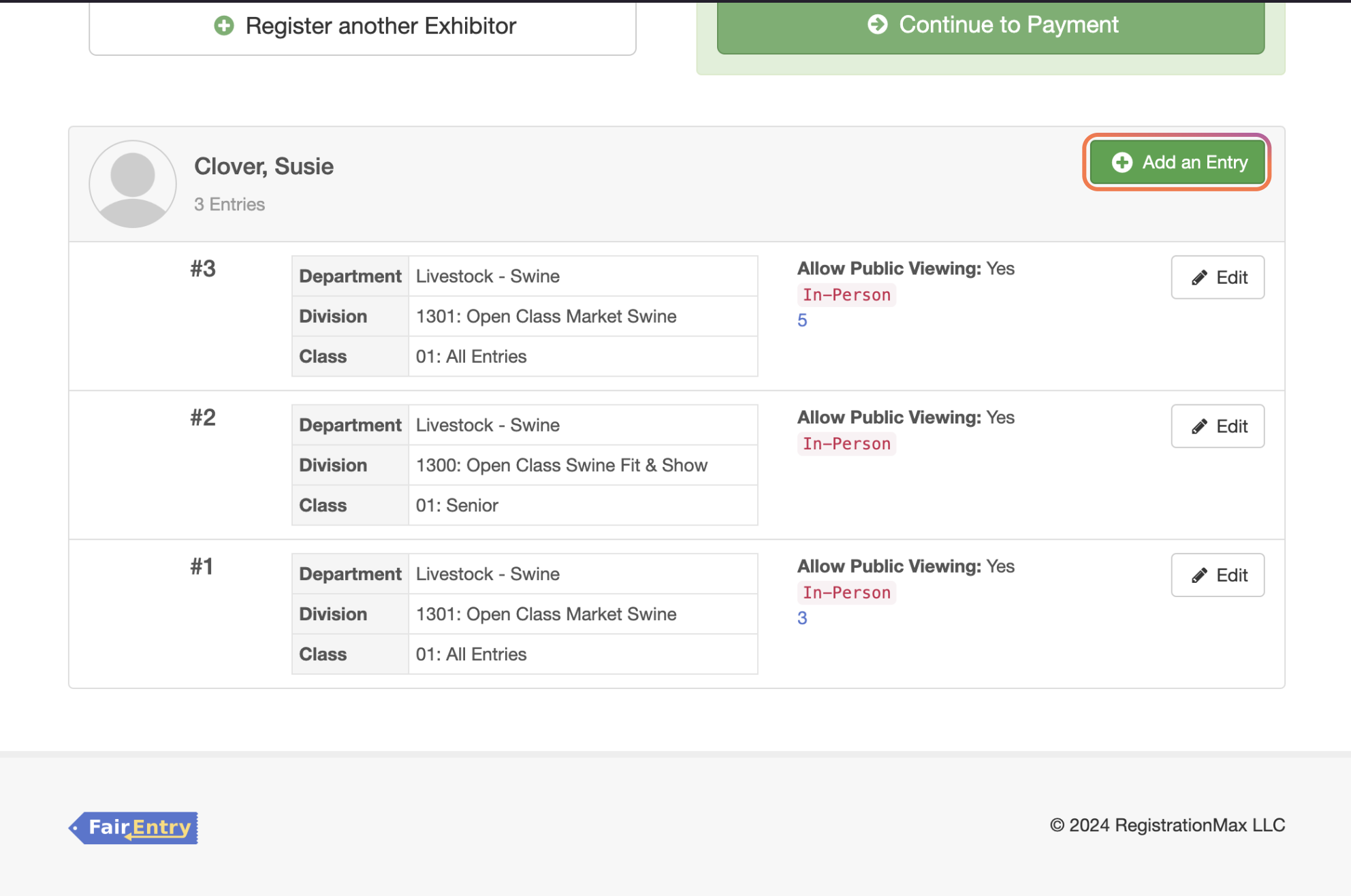 Click add entries to add additional entries (record report, livestock judging, posters)