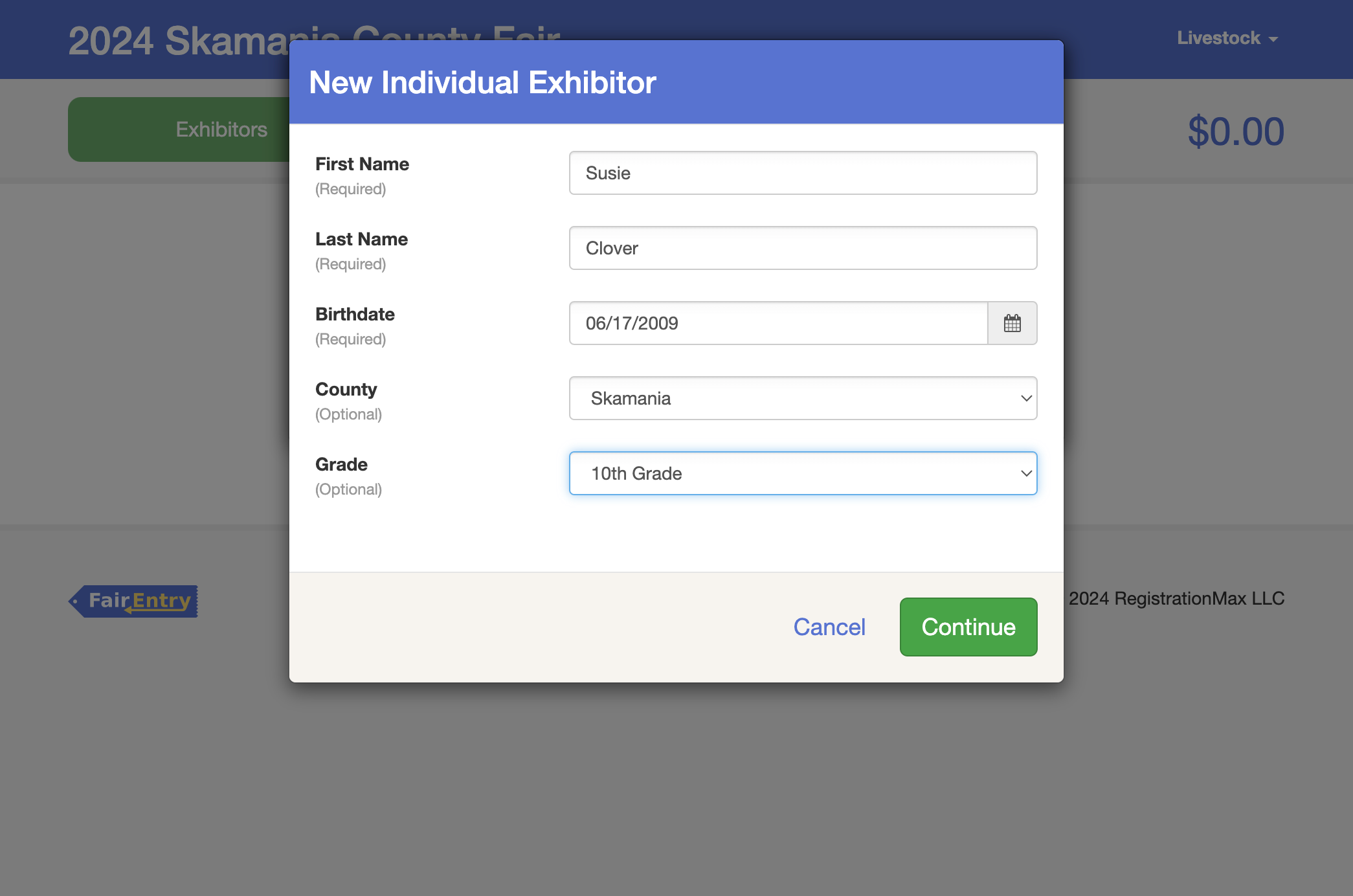 Once all of your new exhibitor info is added, please press continue.