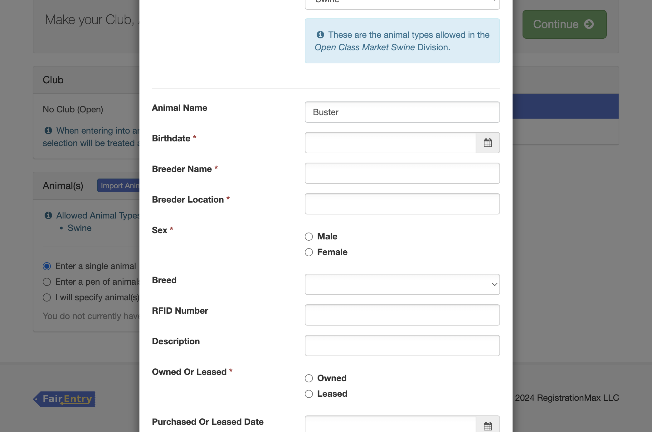 Add the animal information that is required