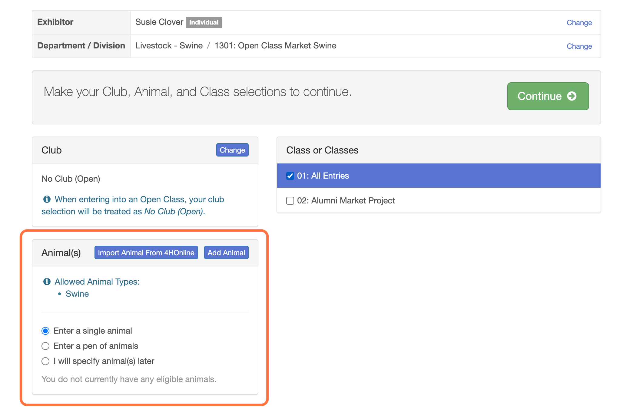 Select the appropriate class and check to see if any animals need to be entered