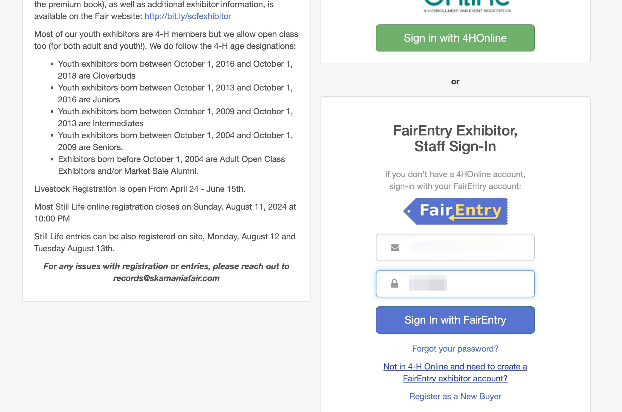 If you're not a 4-H member, click to create a new account in Fair Entry! If you're a 4-H Member, use your 4-H Online Credentials to register for Fair Entry!