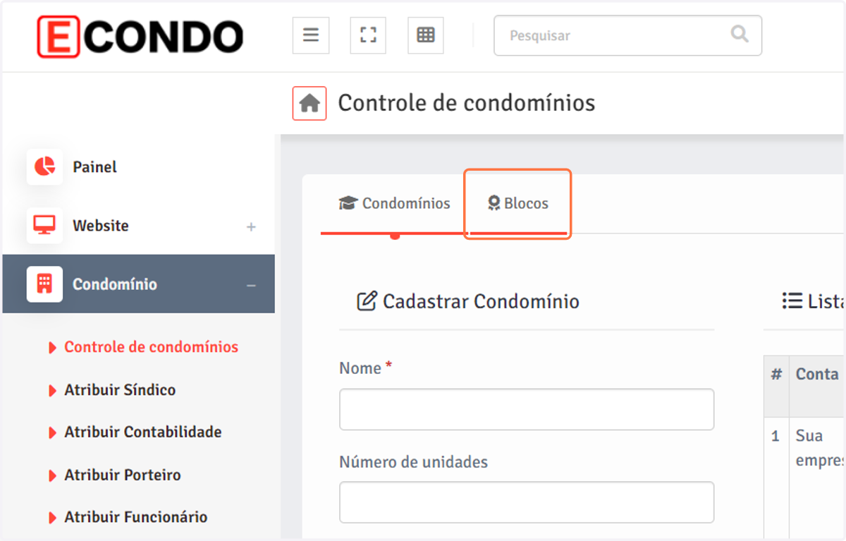 Se o condomínio tiver subdivisões, clique em "Blocos"; caso contrário, vá para a etapa 7.