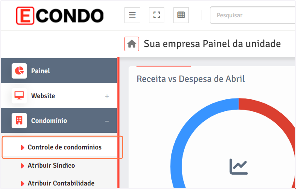 Em seguida, clique em "Controle de Condomínios".