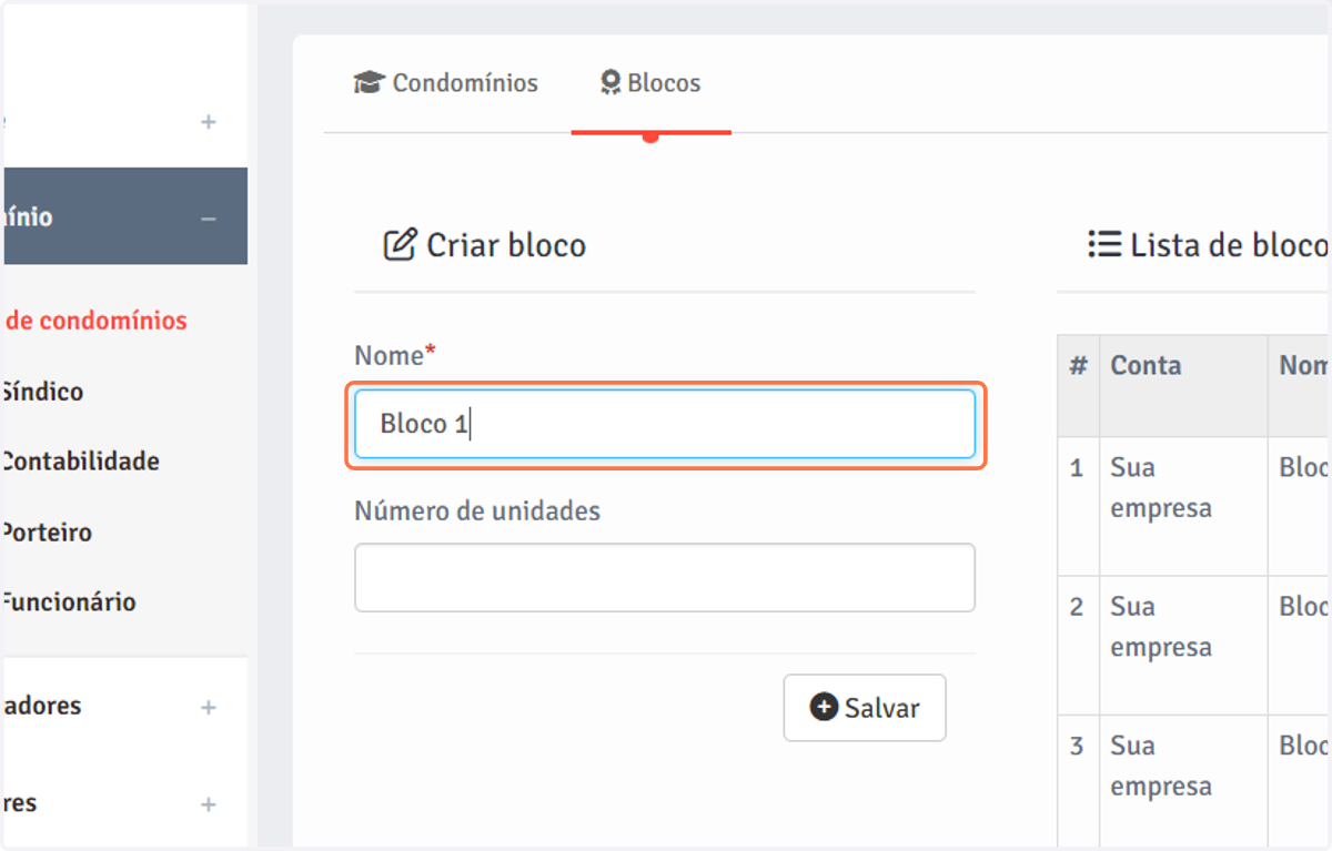 Digite o nome de cada bloco, se houver.