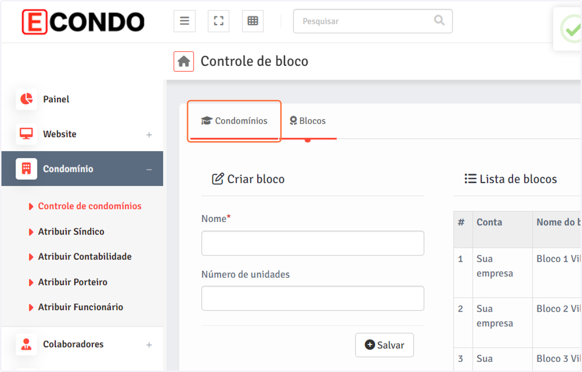 Agora, vá para a aba "Condomínios".