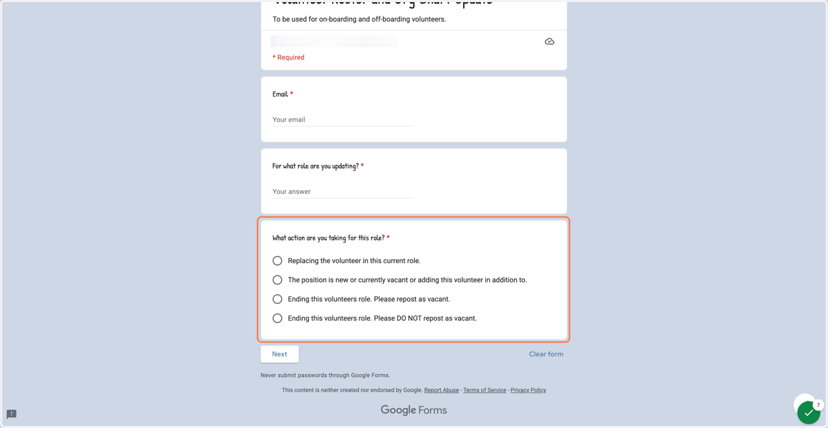 Fill out the form including, your email, what role this pertains to, and what action should be taken for this role.