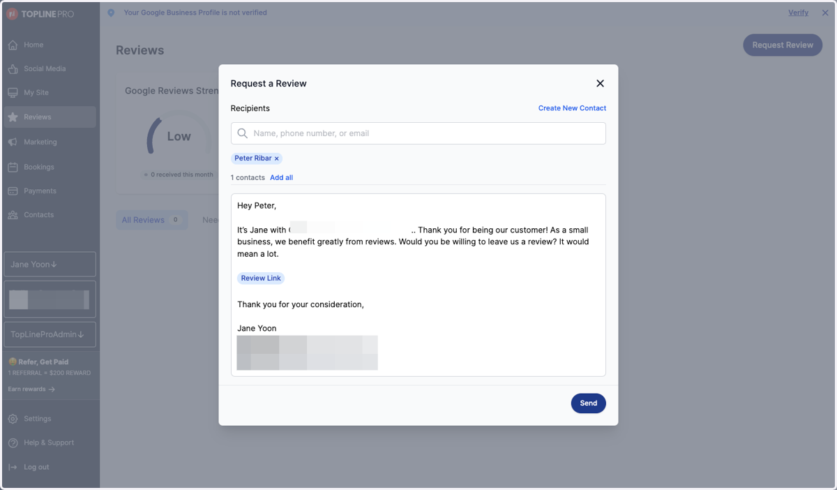 When you're ready to request reviews, review the final message and click Send
