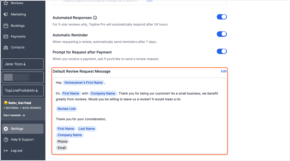 Click on Default Review Request Message and click Save when you're done editing