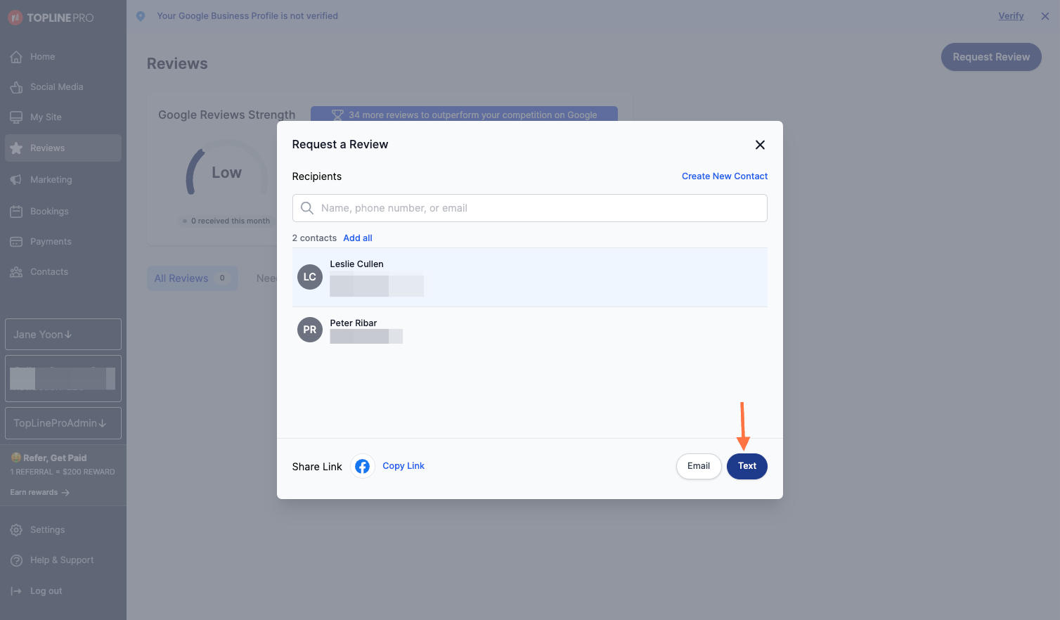 Select who you want to request from and the method of delivery (Email or Text)