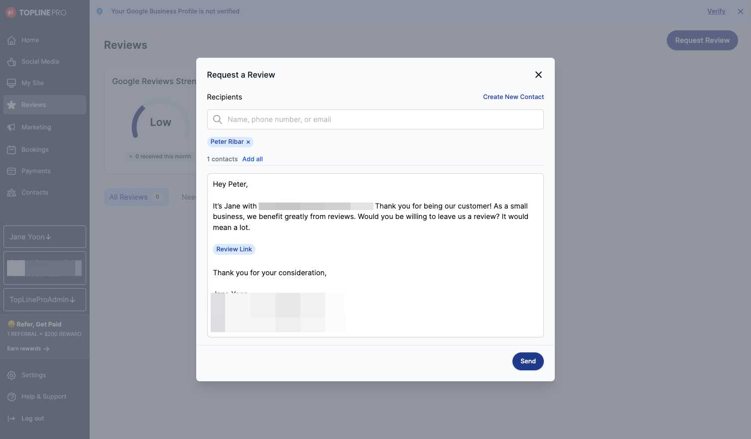 If you want to send the review request to a new customer, click Create New Contact