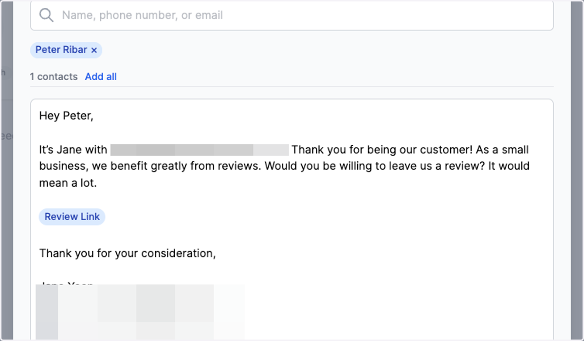 If you want to send the review request to a new customer, click Create New Contact