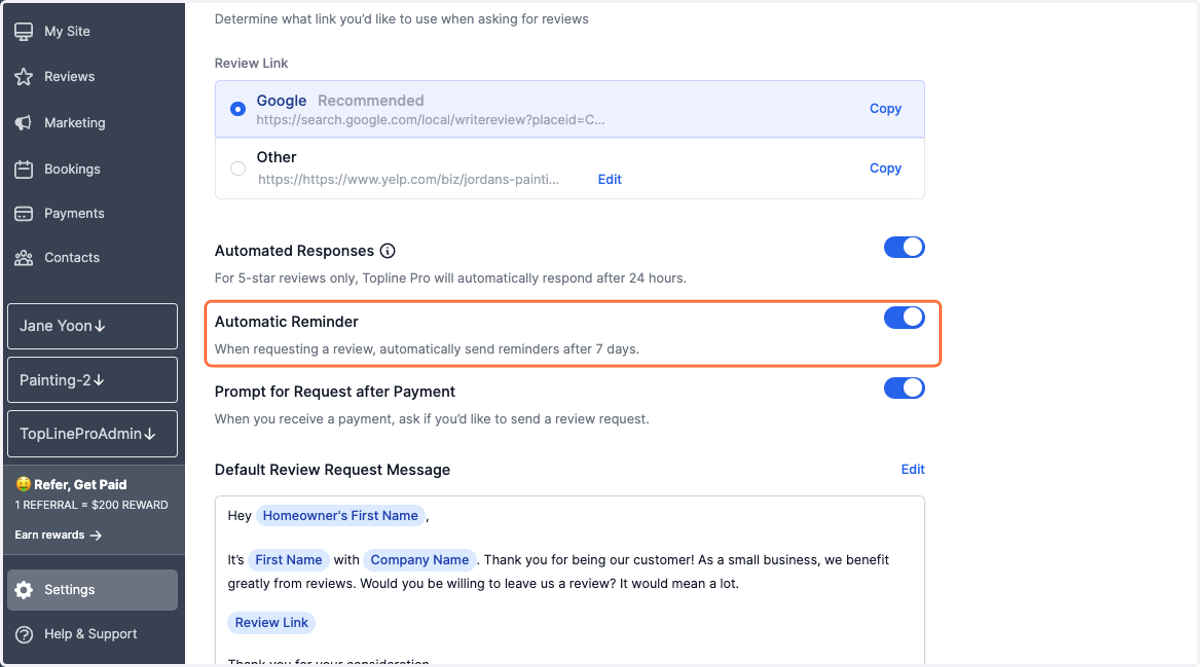 Turning on Automatic Reminder for Reviews