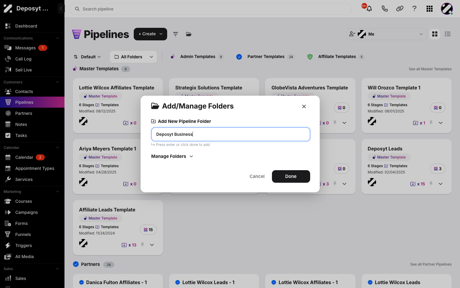 Step 4: If you want to manage existing folders, click on ‘Manage Folder.’ This will show you a list of all existing folders. There’s an Edit and a Delete button in the Actions column for non-default folders. 