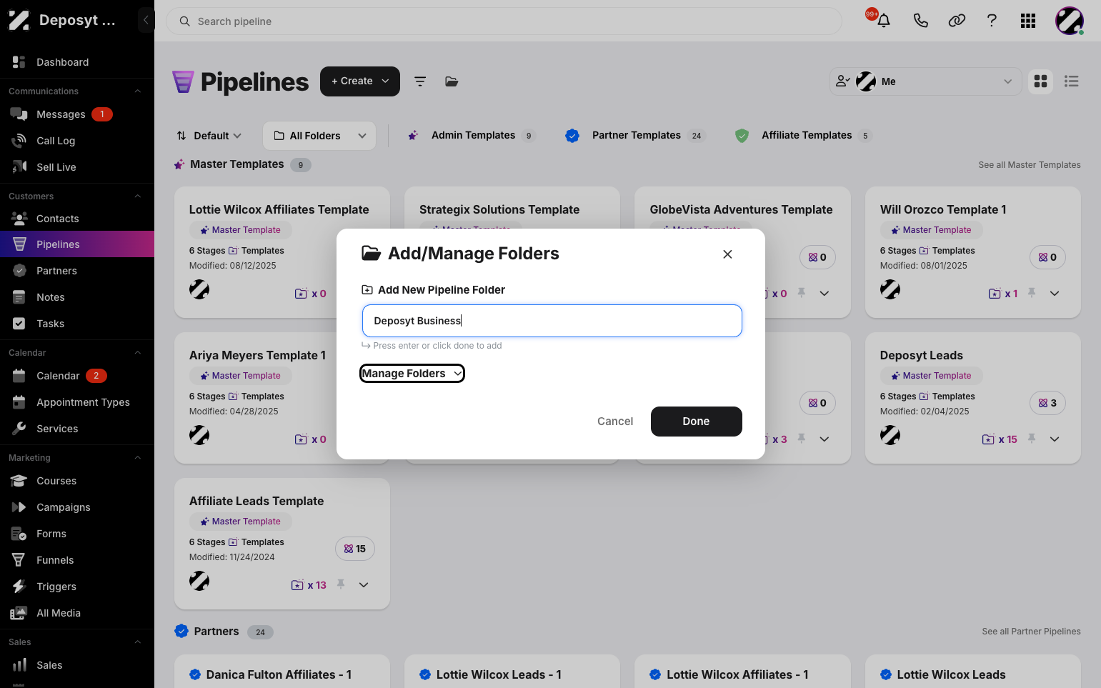 Step 4: If you want to manage existing folders, click on ‘Manage Folder.’ This will show you a list of all existing folders. There’s an Edit and a Delete button in the Actions column for non-default folders.