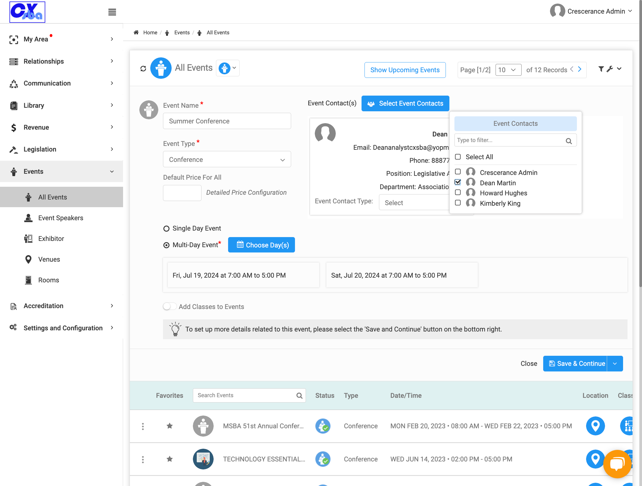 Select your event contact from the dropdown