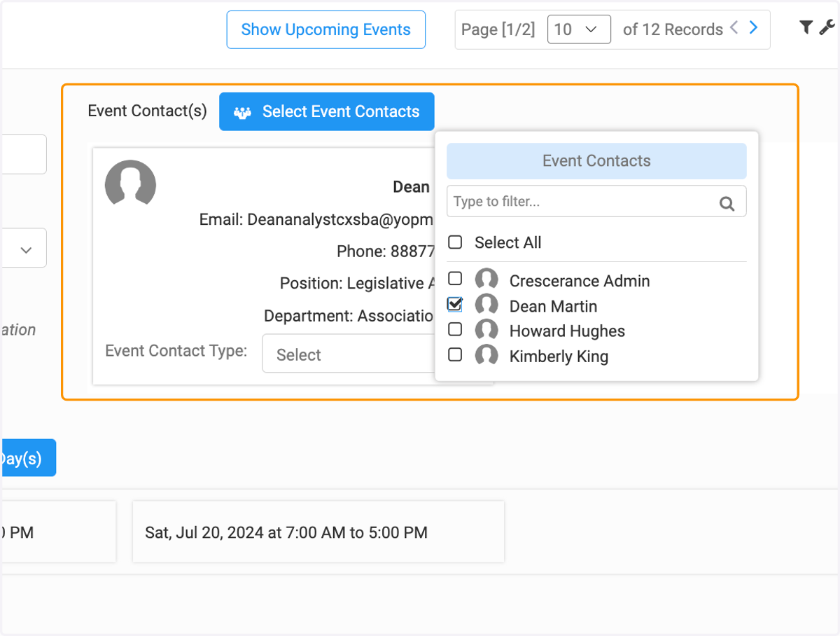 Select your event contact from the dropdown