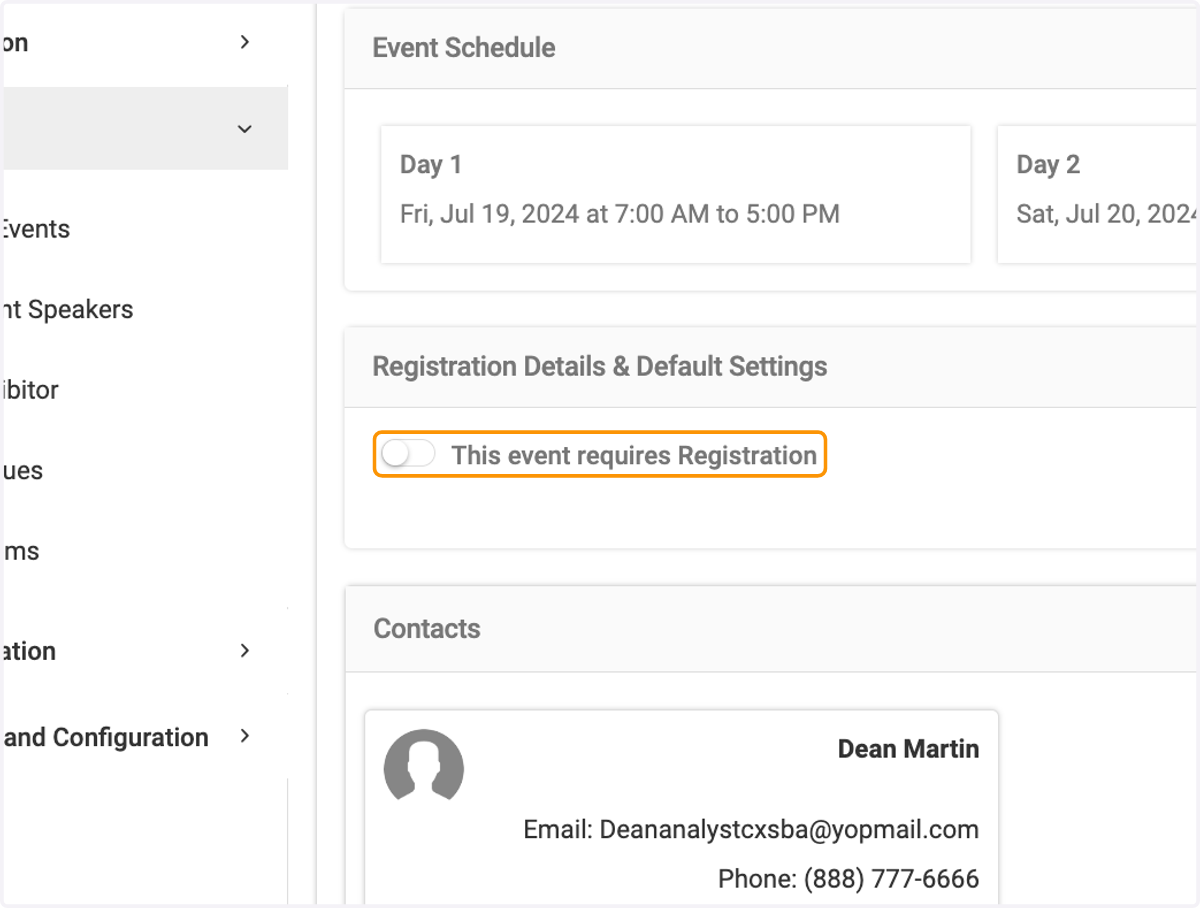 Click on This event requires Registration to set up the registration process