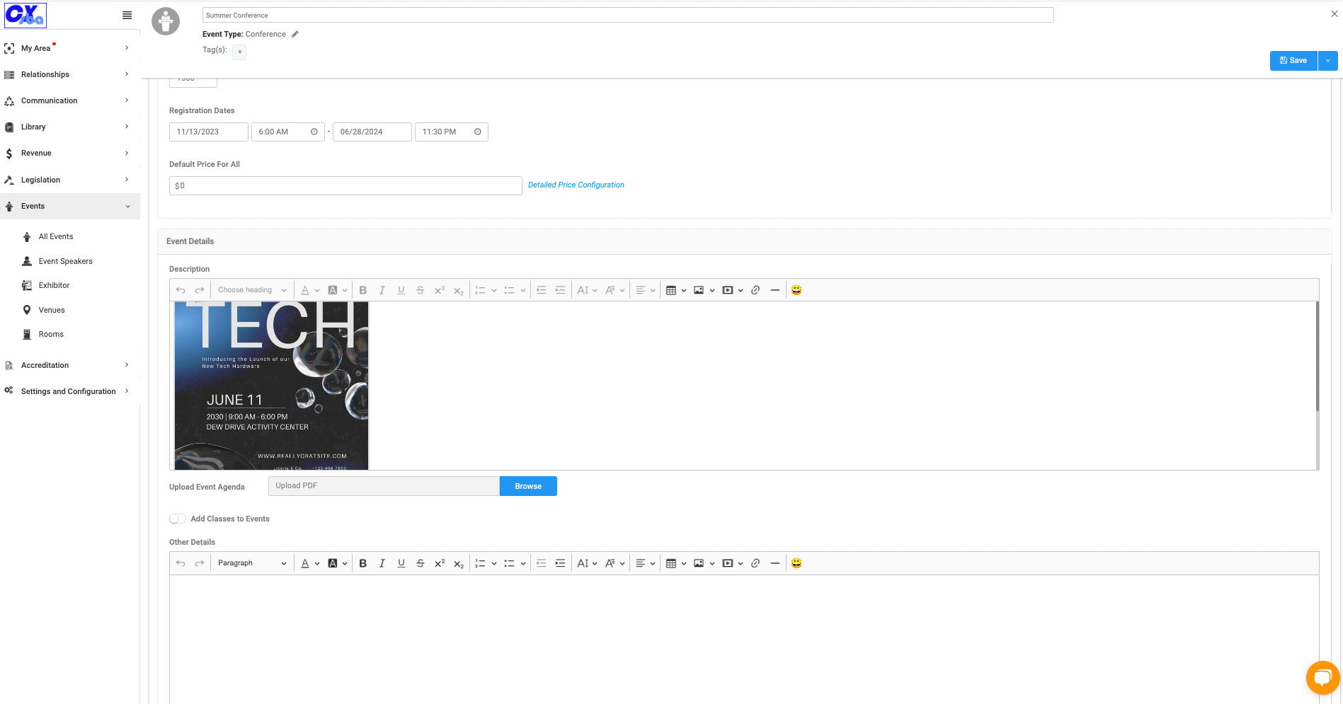 Toggle on Add Classes to Events if you need to tie-in credit earning classes