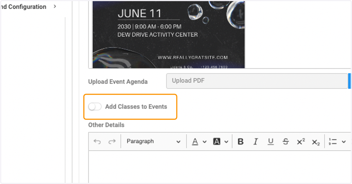 Toggle on Add Classes to Events if you need to tie-in credit earning classes