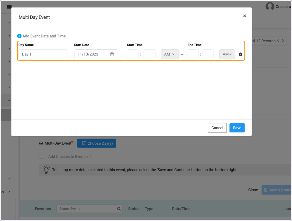 For Multi-Day, add your dates and times