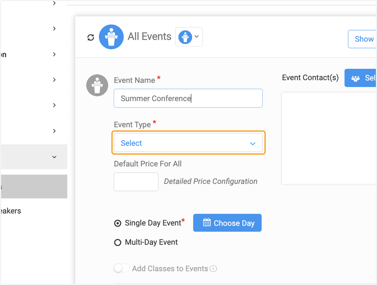 Click on dropdown arrow to select your event type
